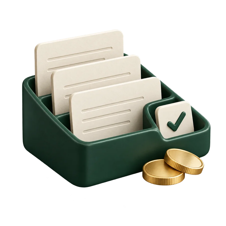 An organized forest-green tray holding subscription papers, a check tile and gold coins